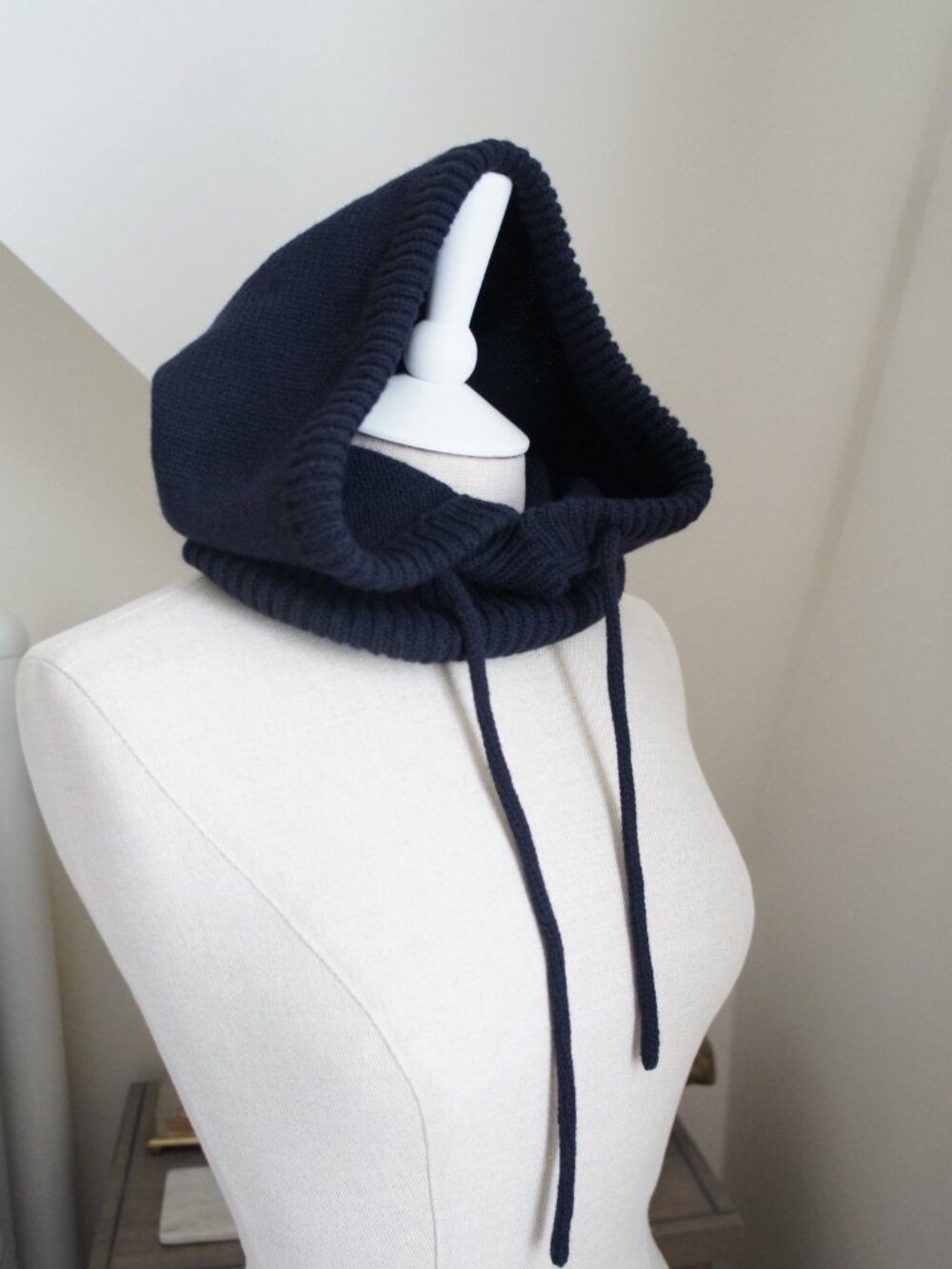 Dark Green Merino Wool Hand Knitted Hood, Cowl, Balaclava With Drawstrings NWT